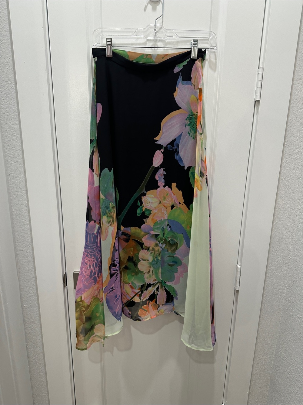 Eva Franco for Anthropologie Black Maxi Skirt with Pink, Green and Purple Bloom